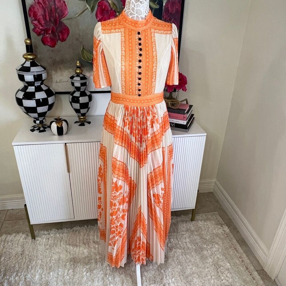Women's Pleated Mock Neck Flutter Short Sleeve Baroque Maxi Dress Orange Sz 4/6